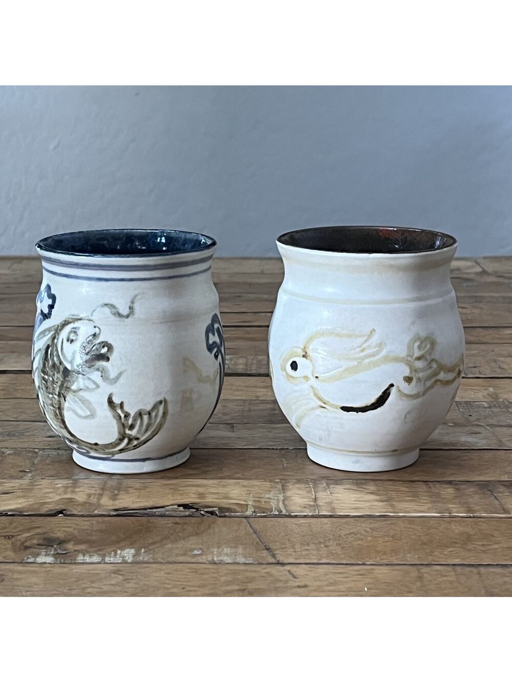 Japanese Okinawan Tsuboya-yaki Studio Pottery Cups Yunomi Fish & Rabbit Motif